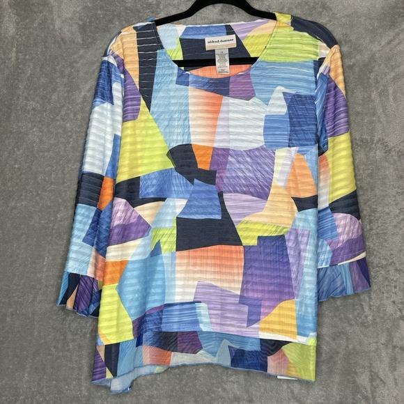 Alfred Dunner 1X Top Shirt Blue Purple Geometric Flutter 3/4 Sleeve Scoop Neck - Picture 1 of 8
